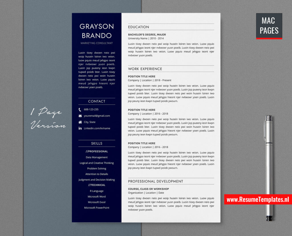 For Mac Pages: Professional Resume Template / CV Template for Mac Pages ...